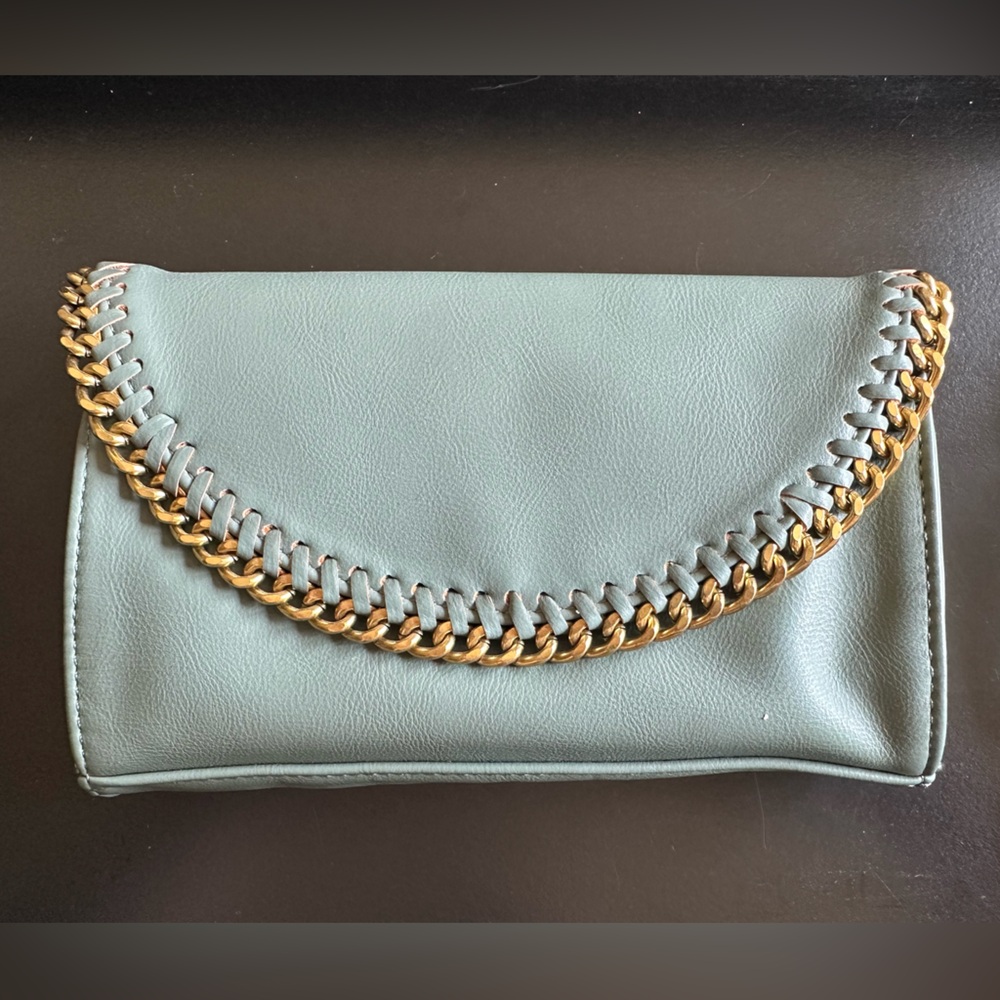 Sage Crossbody clutch with gold hardware gold Crossbody chain.